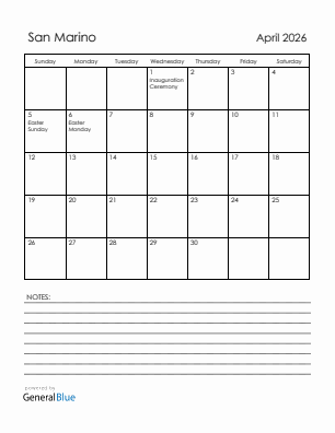 Current month calendar with San Marino holidays for April 2026