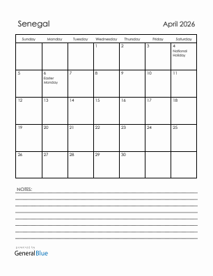 Current month calendar with Senegal holidays for April 2026