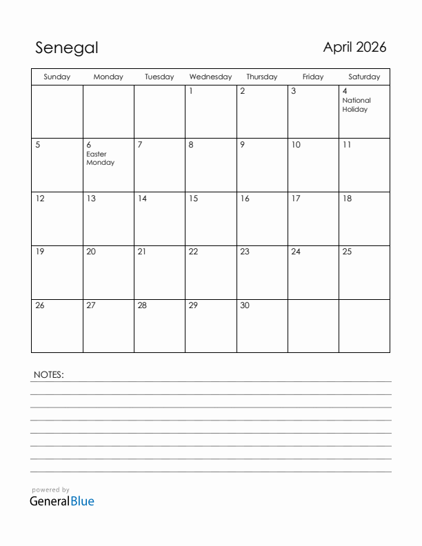 April 2026 Senegal Calendar with Holidays (Sunday Start)