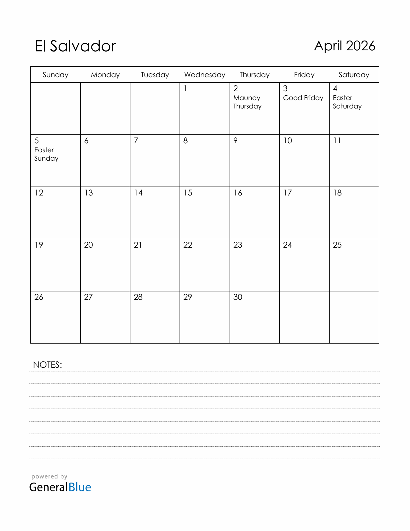 April 2026 El Salvador Calendar with Holidays (Sunday Start)