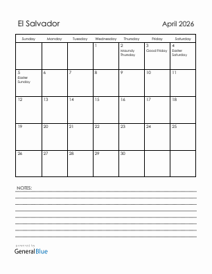 Current month calendar with El Salvador holidays for April 2026