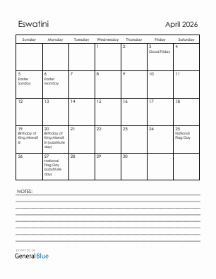 Current month calendar with Eswatini holidays for April 2026