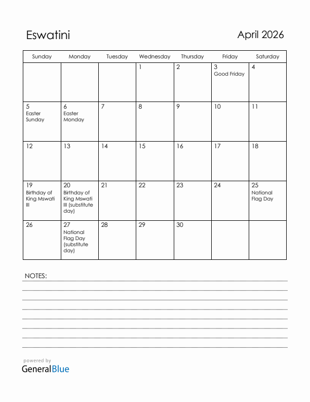 April 2026 Eswatini Calendar with Holidays (Sunday Start)