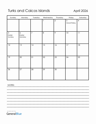 Current month calendar with Turks and Caicos Islands holidays for April 2026