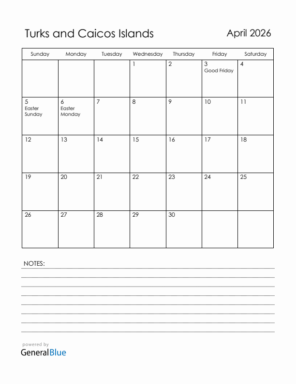 April 2026 Turks and Caicos Islands Calendar with Holidays (Sunday Start)