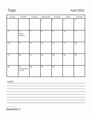 Current month calendar with Togo holidays for April 2026