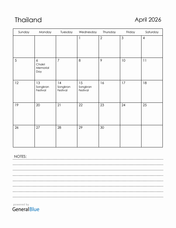 April 2026 Thailand Calendar with Holidays (Sunday Start)