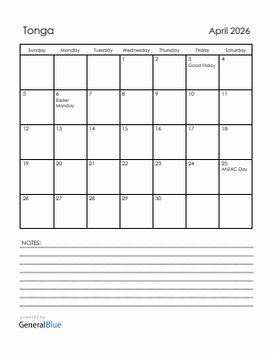 Current month calendar with Tonga holidays for April 2026