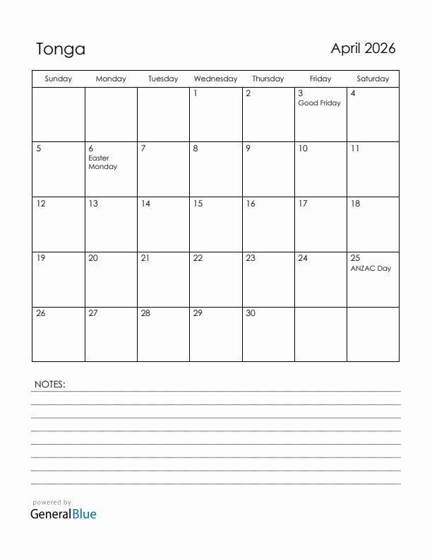 April 2026 Tonga Calendar with Holidays (Sunday Start)