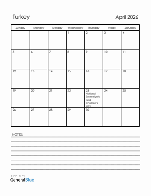 Current month calendar with Turkey holidays for April 2026