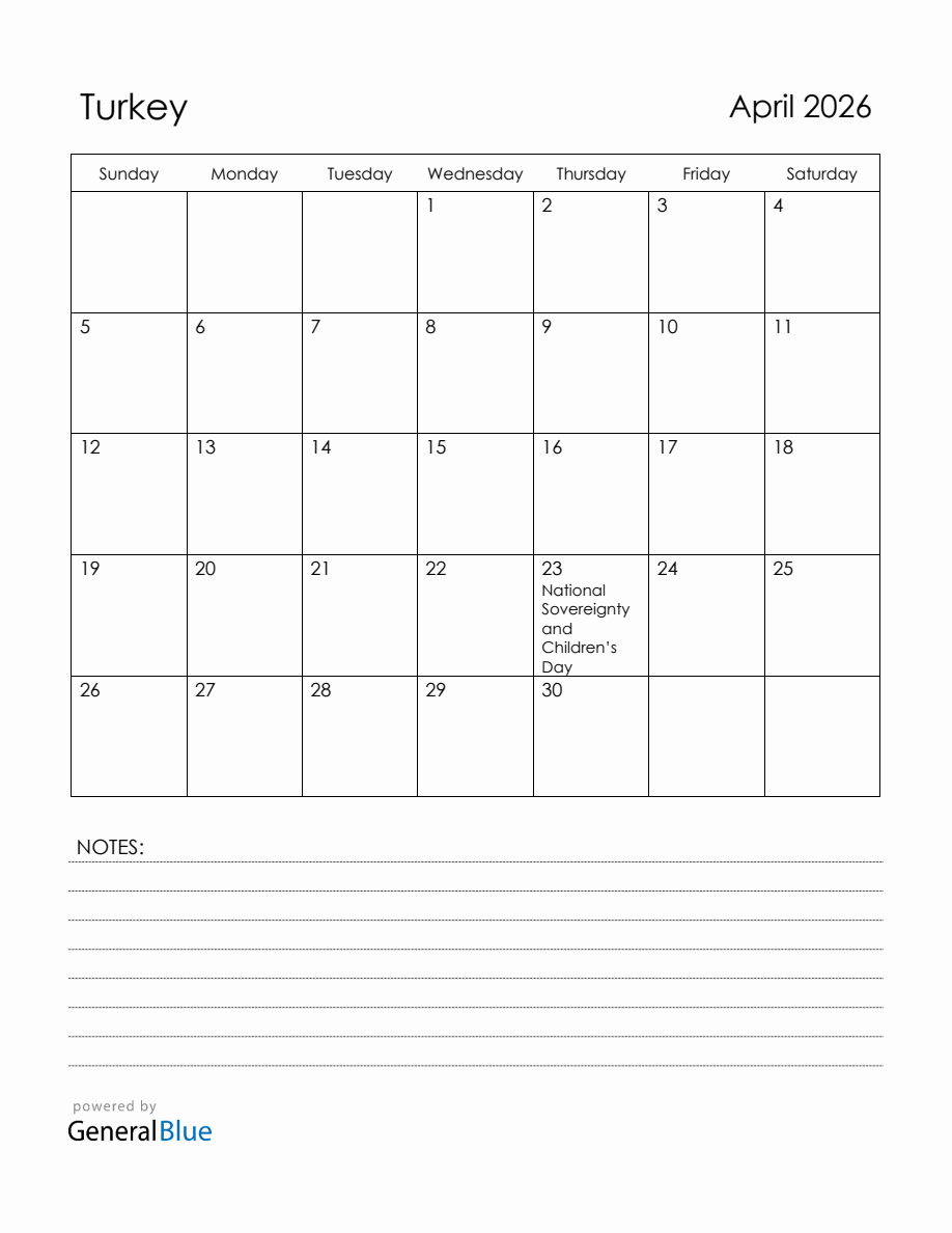 April 2026 Turkey Calendar with Holidays
