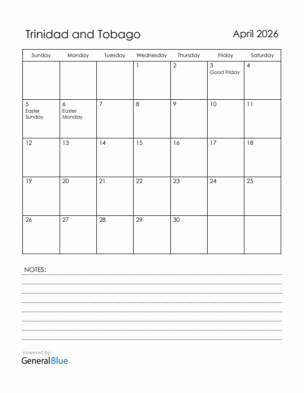 April 2026 Trinidad and Tobago Calendar with Holidays (Sunday Start)