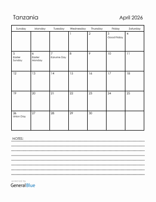 Current month calendar with Tanzania holidays for April 2026