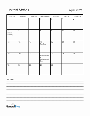 Current month calendar with United States holidays for April 2026