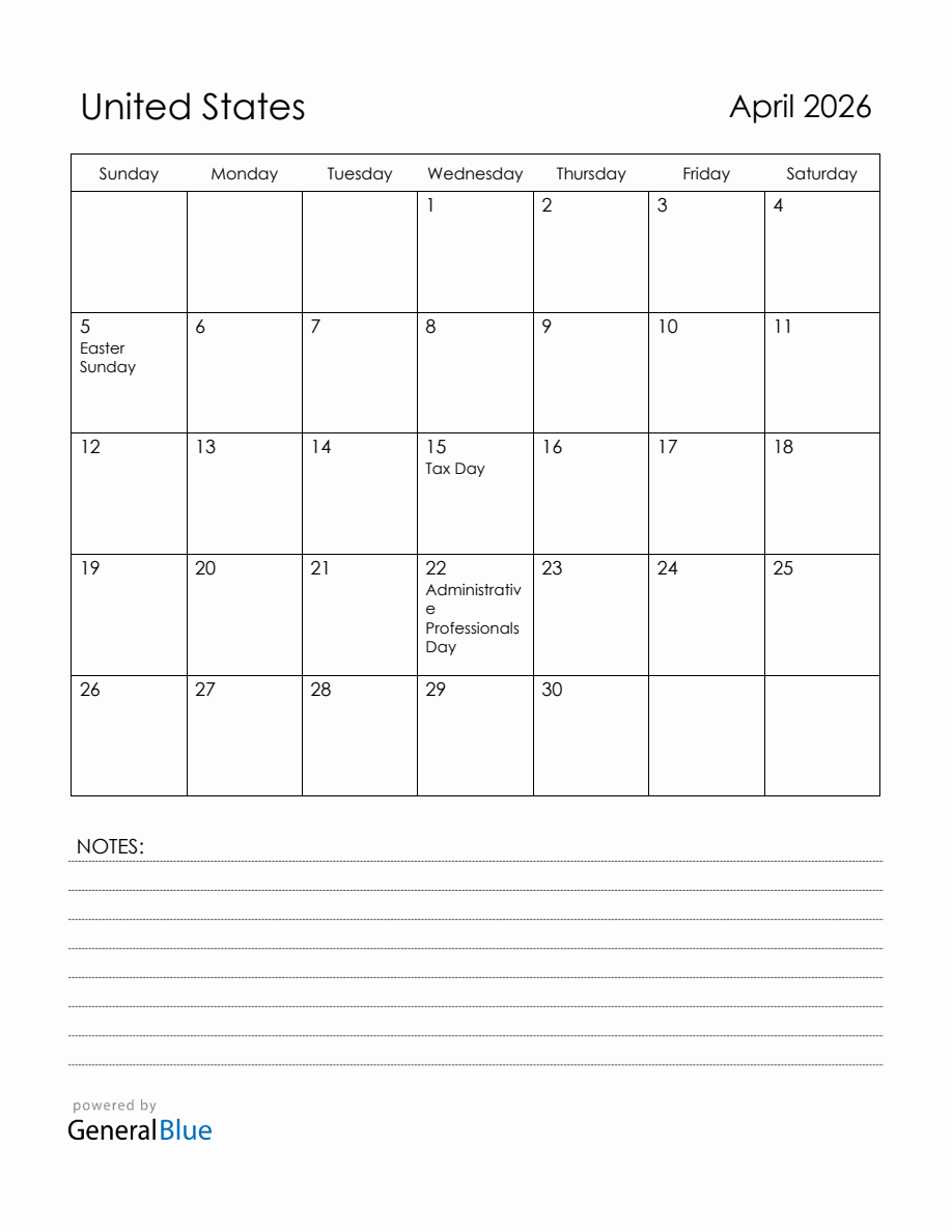 April 2026 United States Calendar with Holidays