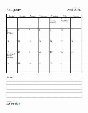 Current month calendar with Uruguay holidays for April 2026