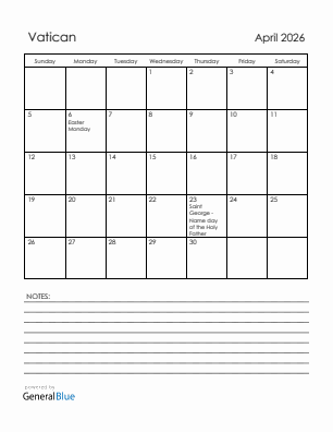 Current month calendar with Vatican holidays for April 2026