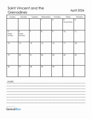 Current month calendar with Saint Vincent and the Grenadines holidays for April 2026