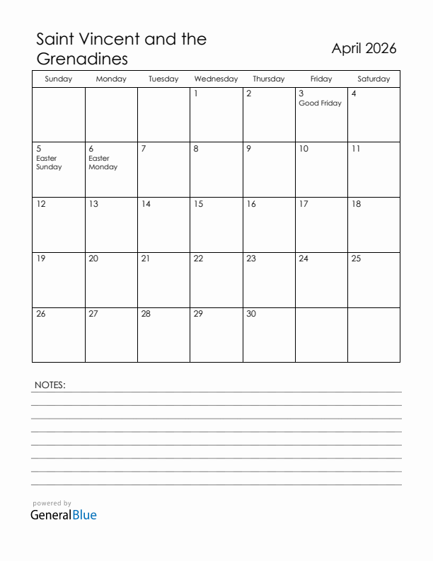 April 2026 Saint Vincent and the Grenadines Calendar with Holidays (Sunday Start)