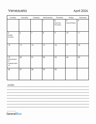 Current month calendar with Venezuela holidays for April 2026
