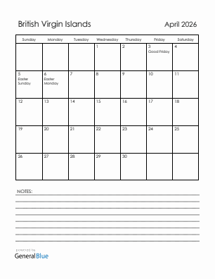Current month calendar with British Virgin Islands holidays for April 2026