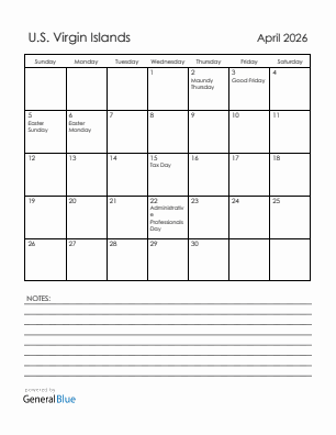 Current month calendar with U.S. Virgin Islands holidays for April 2026