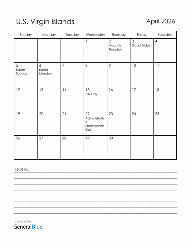 April 2026 U.S. Virgin Islands Calendar with Holidays (Sunday Start)