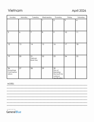 Current month calendar with Vietnam holidays for April 2026