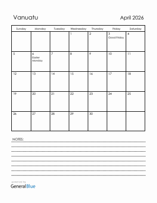 Current month calendar with Vanuatu holidays for April 2026