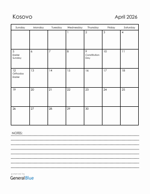 Current month calendar with Kosovo holidays for April 2026