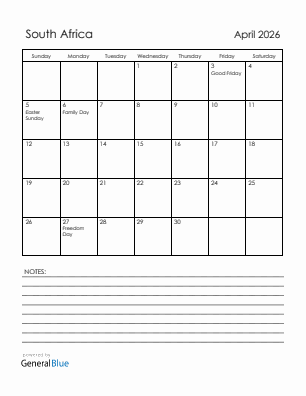 Current month calendar with South Africa holidays for April 2026