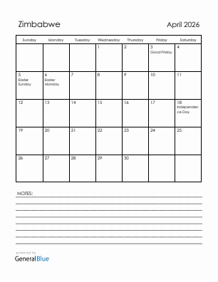 Current month calendar with Zimbabwe holidays for April 2026