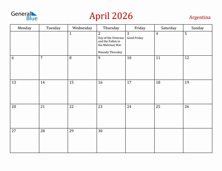 Argentina April 2026 Calendar - Monday Start