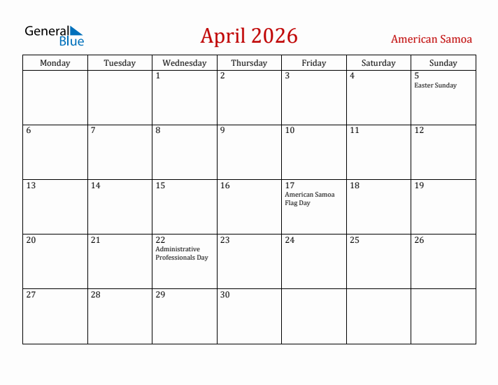 American Samoa April 2026 Calendar - Monday Start