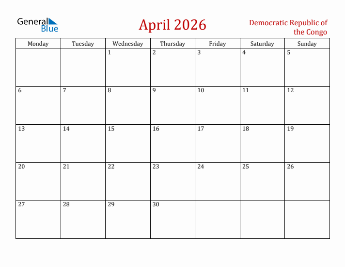 Democratic Republic of the Congo April 2026 Calendar - Monday Start