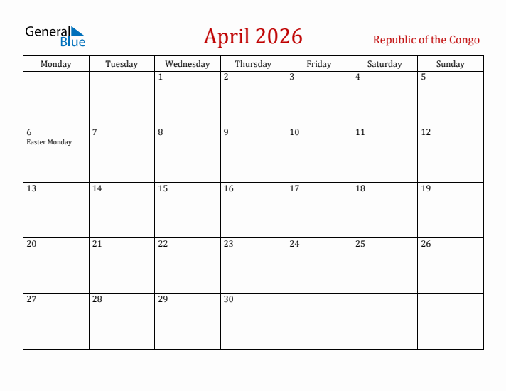 Republic of the Congo April 2026 Calendar - Monday Start