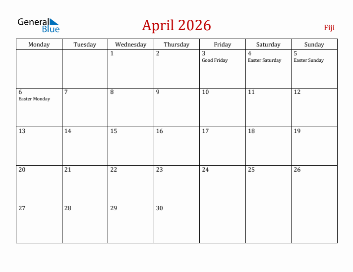 Fiji April 2026 Calendar - Monday Start