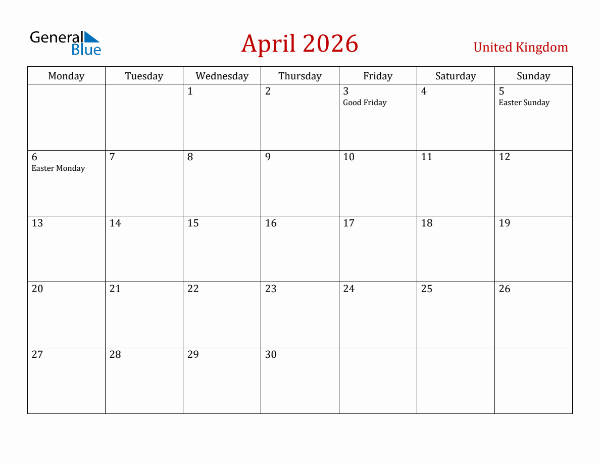 April 2026 united kingdom monthly calendar with holidays (monday ...