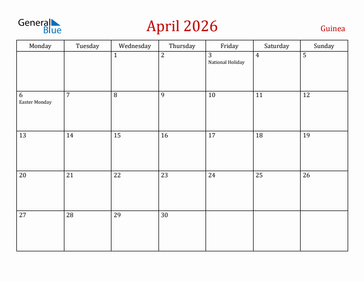 Guinea April 2026 Calendar - Monday Start