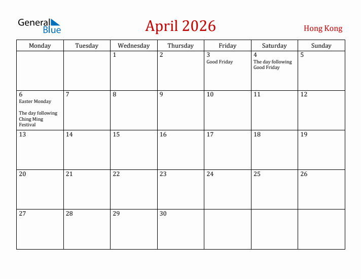Hong Kong April 2026 Calendar - Monday Start