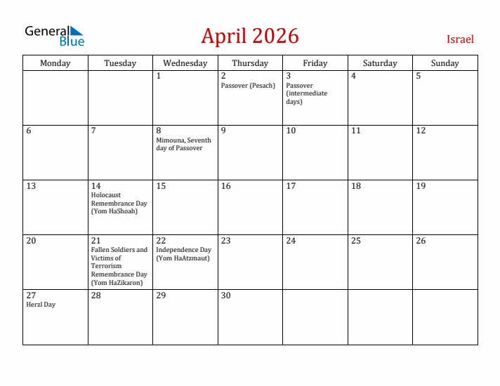 Israel April 2026 Calendar - Monday Start
