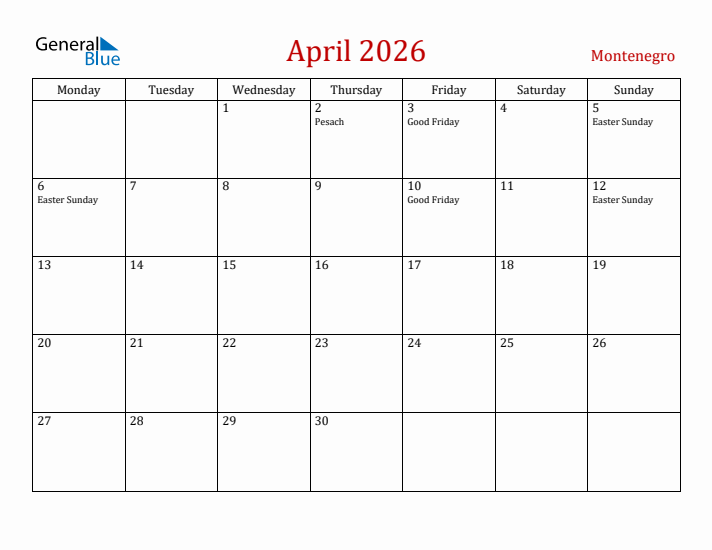 Montenegro April 2026 Calendar - Monday Start