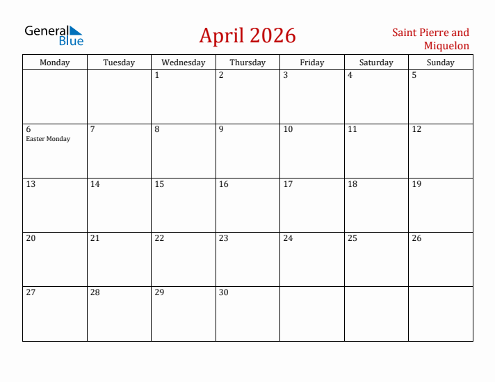 Saint Pierre and Miquelon April 2026 Calendar - Monday Start
