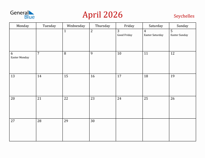 Seychelles April 2026 Calendar - Monday Start