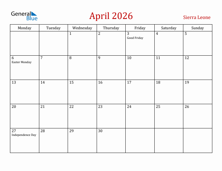 Sierra Leone April 2026 Calendar - Monday Start