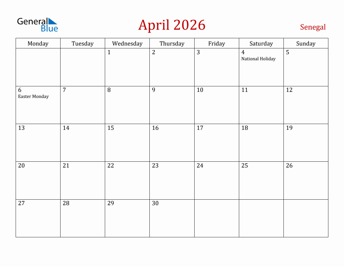 April 2026 Senegal Monthly Calendar with Holidays (Monday Start)