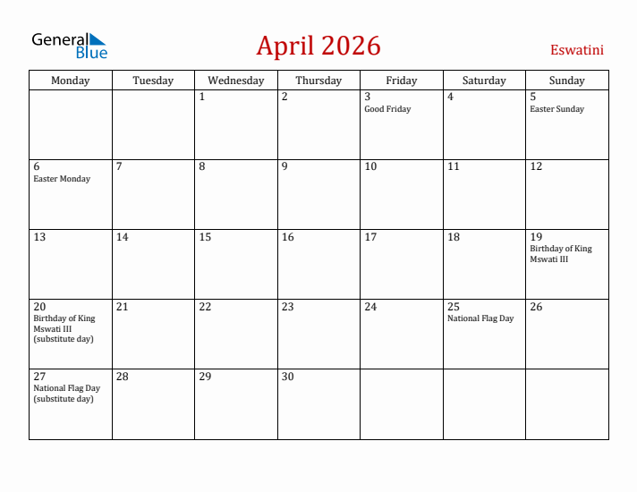 Eswatini April 2026 Calendar - Monday Start