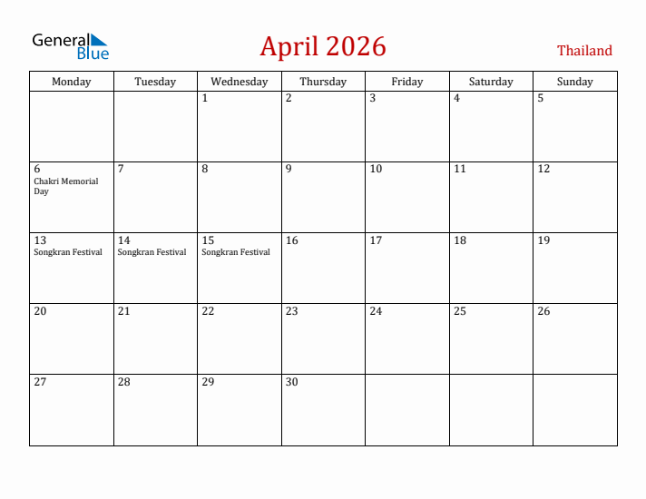 Thailand April 2026 Calendar - Monday Start