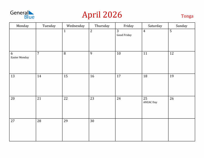 Tonga April 2026 Calendar - Monday Start
