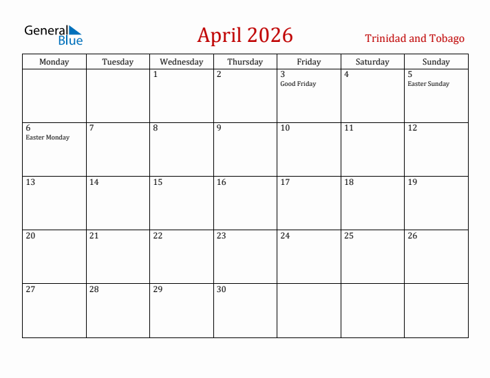 Trinidad and Tobago April 2026 Calendar - Monday Start